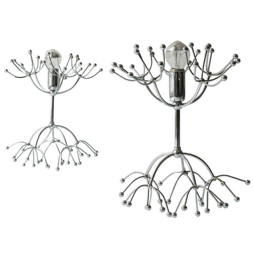 Two Gaetano Sciolari Chrome Sputnik Side Or Table Lamps, Midcentury Italy, 1960s