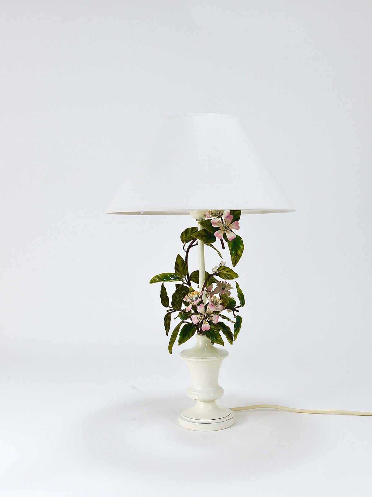 photo for sale Salvadori Hand Painted Wild Apple Blossom Toleware Table Lamp, Italy, 1950s