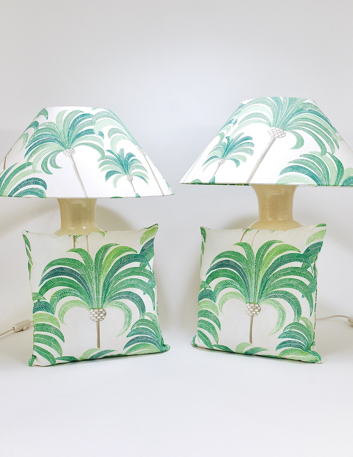 Pair Tommaso Barbi Riviera Palm Tree 1970s Table Lamps With Matching Pillows photo Lighting