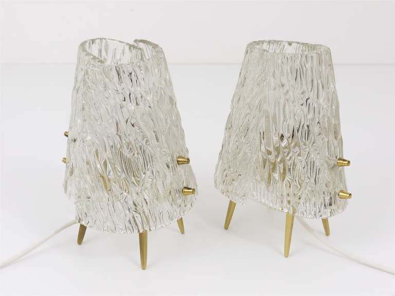 Pair J.T. Kalmar Brass & Textured Glass Mid Century Table Lamps, Austria, 1950s photo for sale