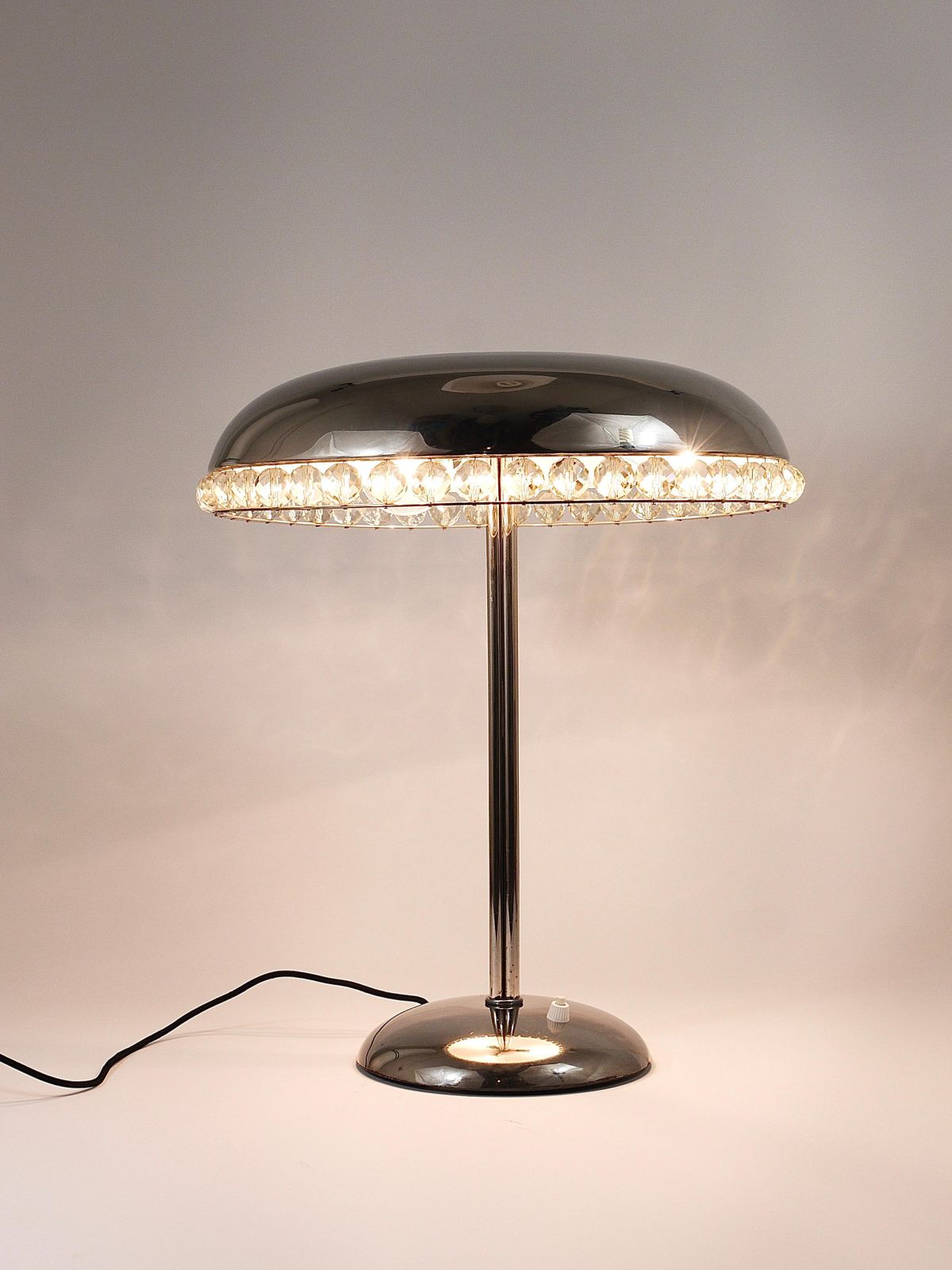 Bakalowits Vienna Nickel & Crystal Mushroom Table Desk Side Lamp, Austria, 1950s photo furniture