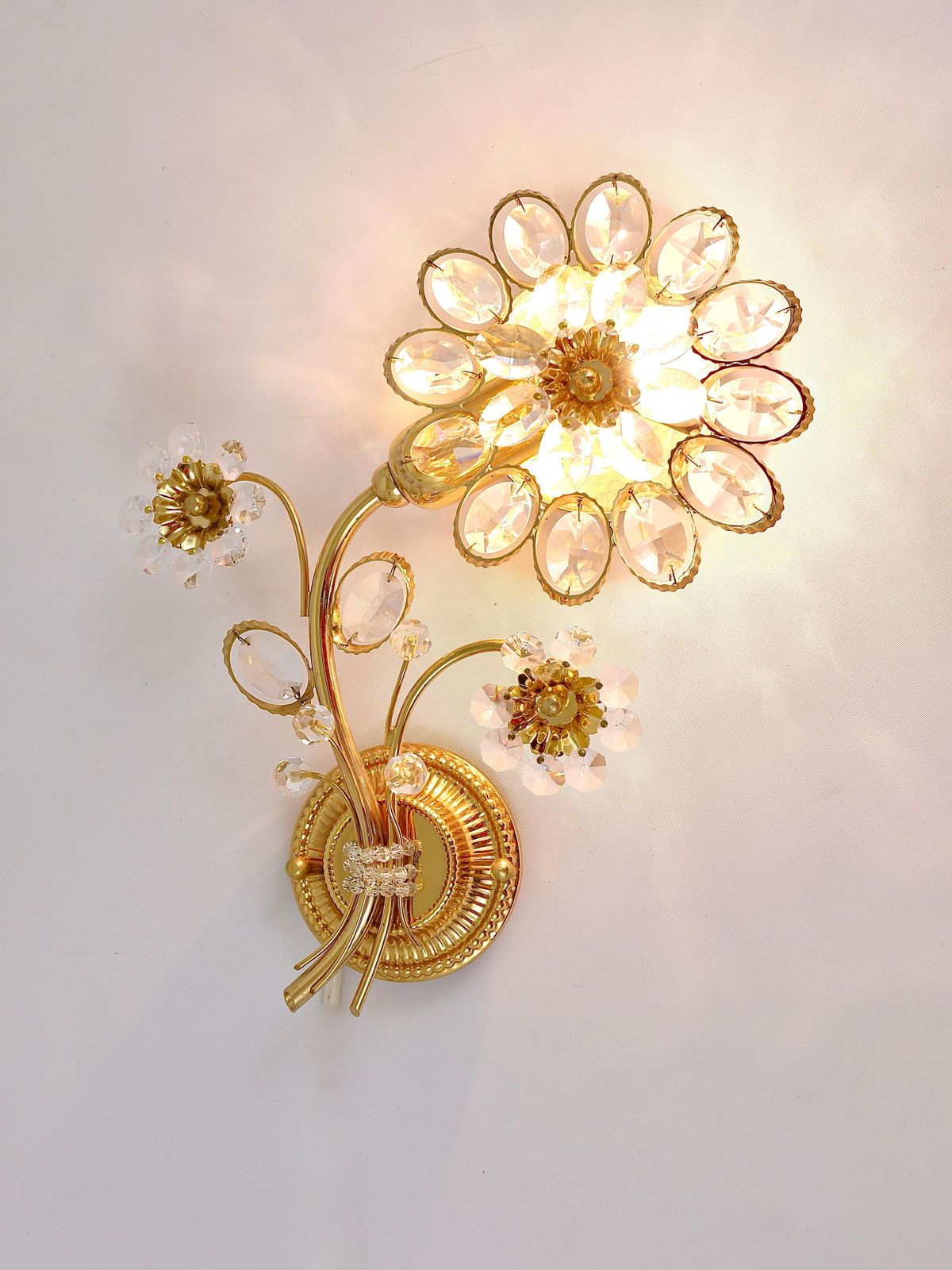 Pair Of Ernst Palme Gilt Brass Crystal Flower Wall Lights, Palwa Germany, 1970s photo furniture