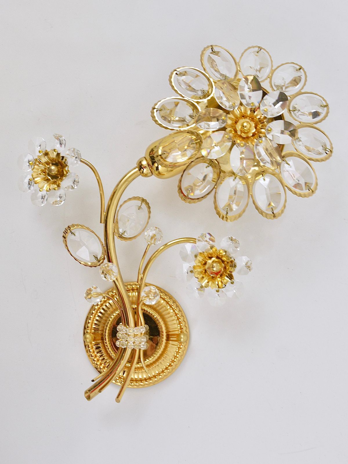 Pair Of Ernst Palme Gilt Brass Crystal Flower Wall Lights, Palwa Germany, 1970s photo 1936.0