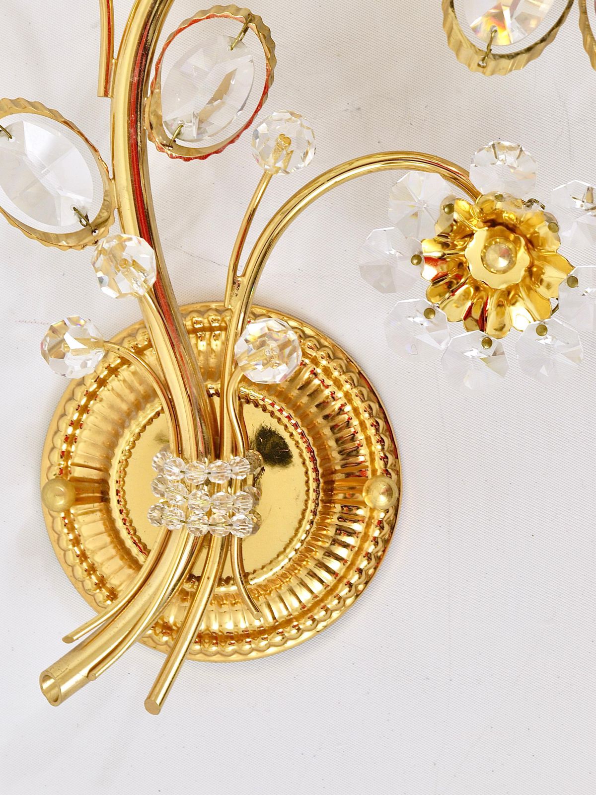 Pair Of Ernst Palme Gilt Brass Crystal Flower Wall Lights, Palwa Germany, 1970s photo vinterior