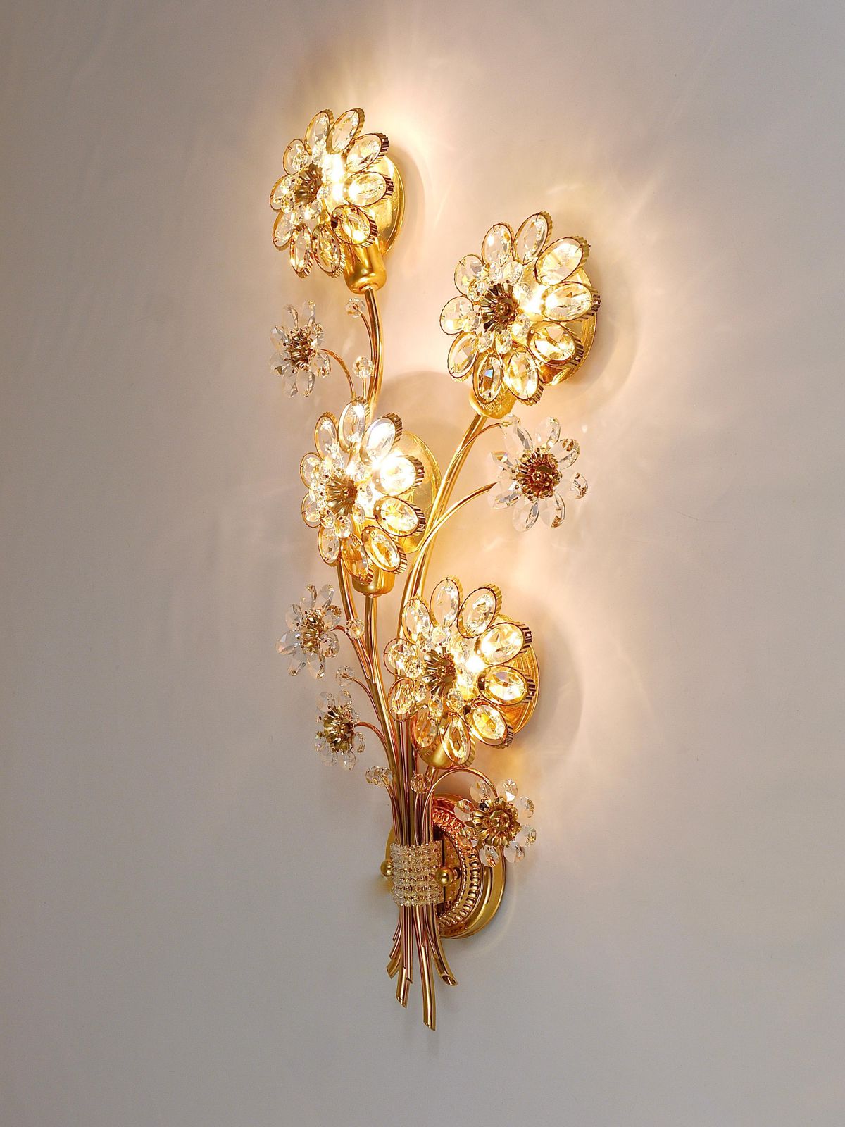 Big Ernst Palme Palwa Floral Gilt Brass Crystals Flower Wall Light Sconce, 1970s photo furniture