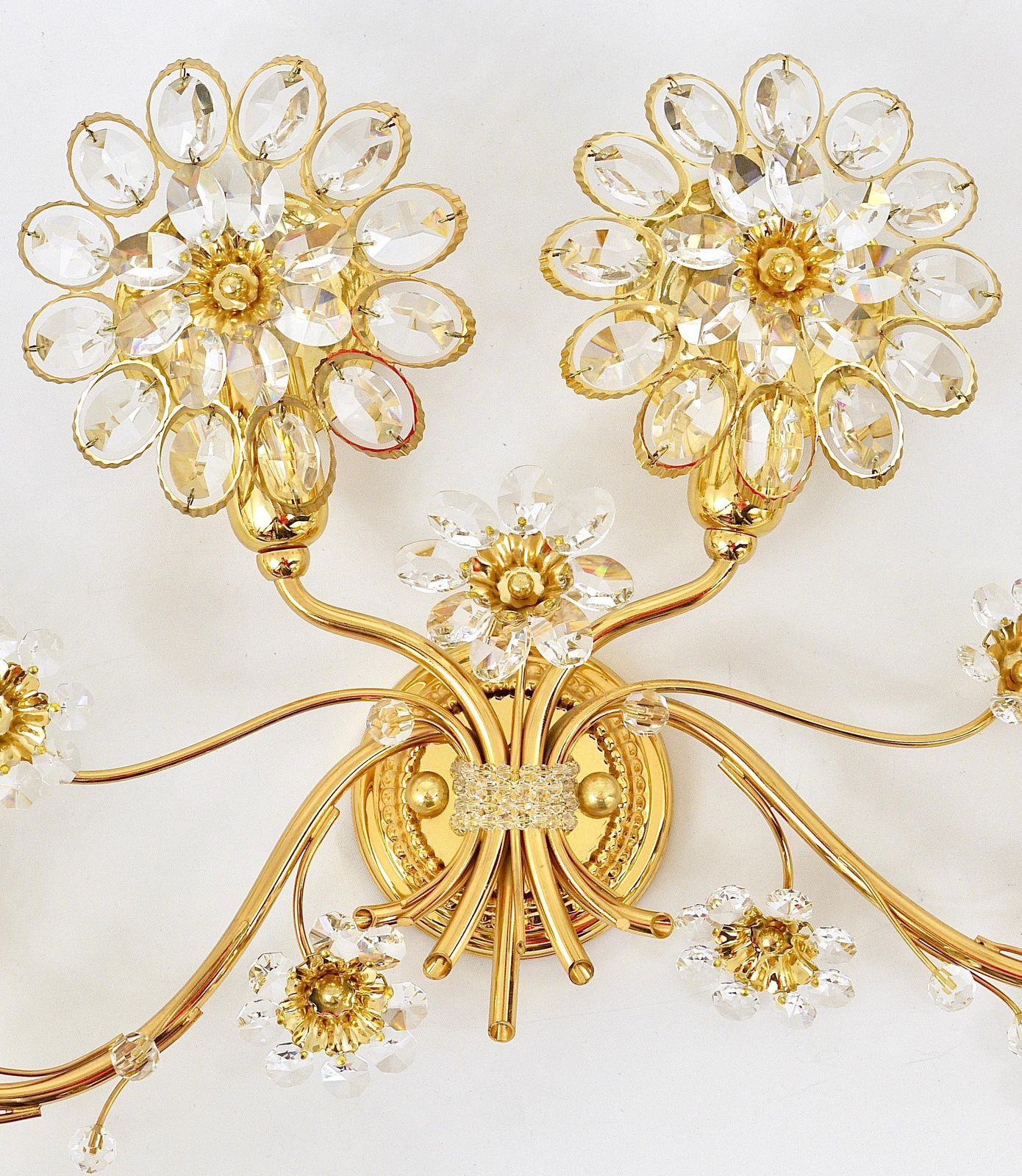 Big Ernst Palme Flowers Brass & Crystals Flower Wall Light Sconce, Palwa, 1970s photo buy