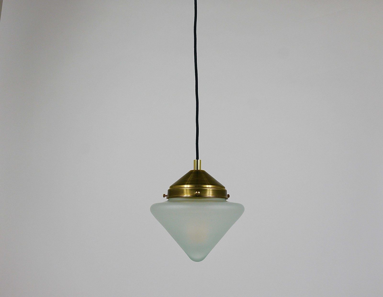 Up To 7 Art Deco Brass Pendant Lights With Conical Glass Shades, Vienna 1930s photo vinterior