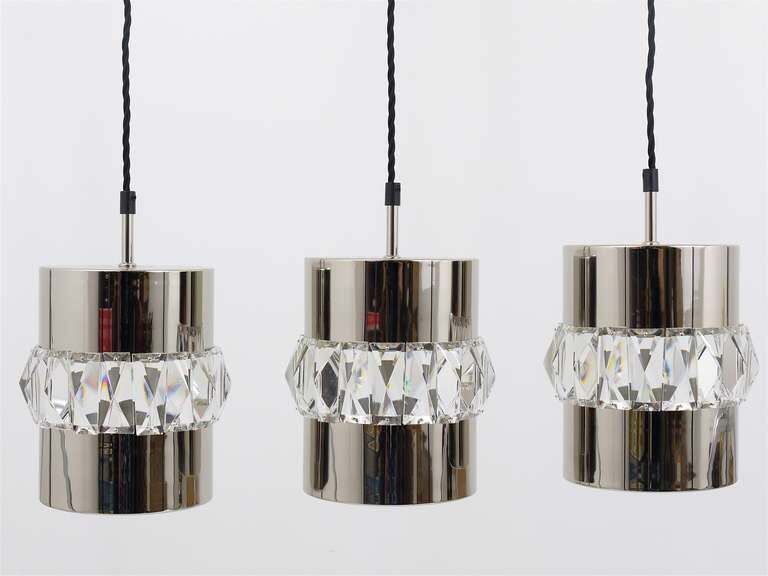 Three Bakalowits Nickel, Brass And Faceted Crystal Pendant Lamps, Austria, 1950s photo vintage