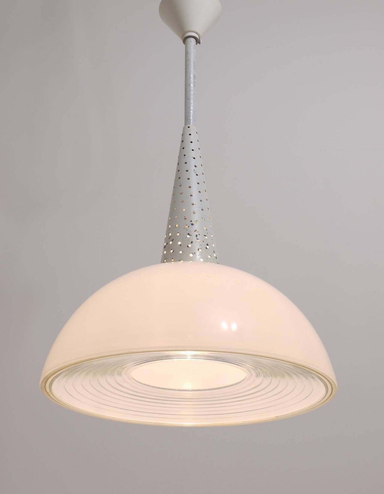 photo for sale Mathieu Matégot Perforated Midcentury Pendant Lamp, Holophane, France, 1950s