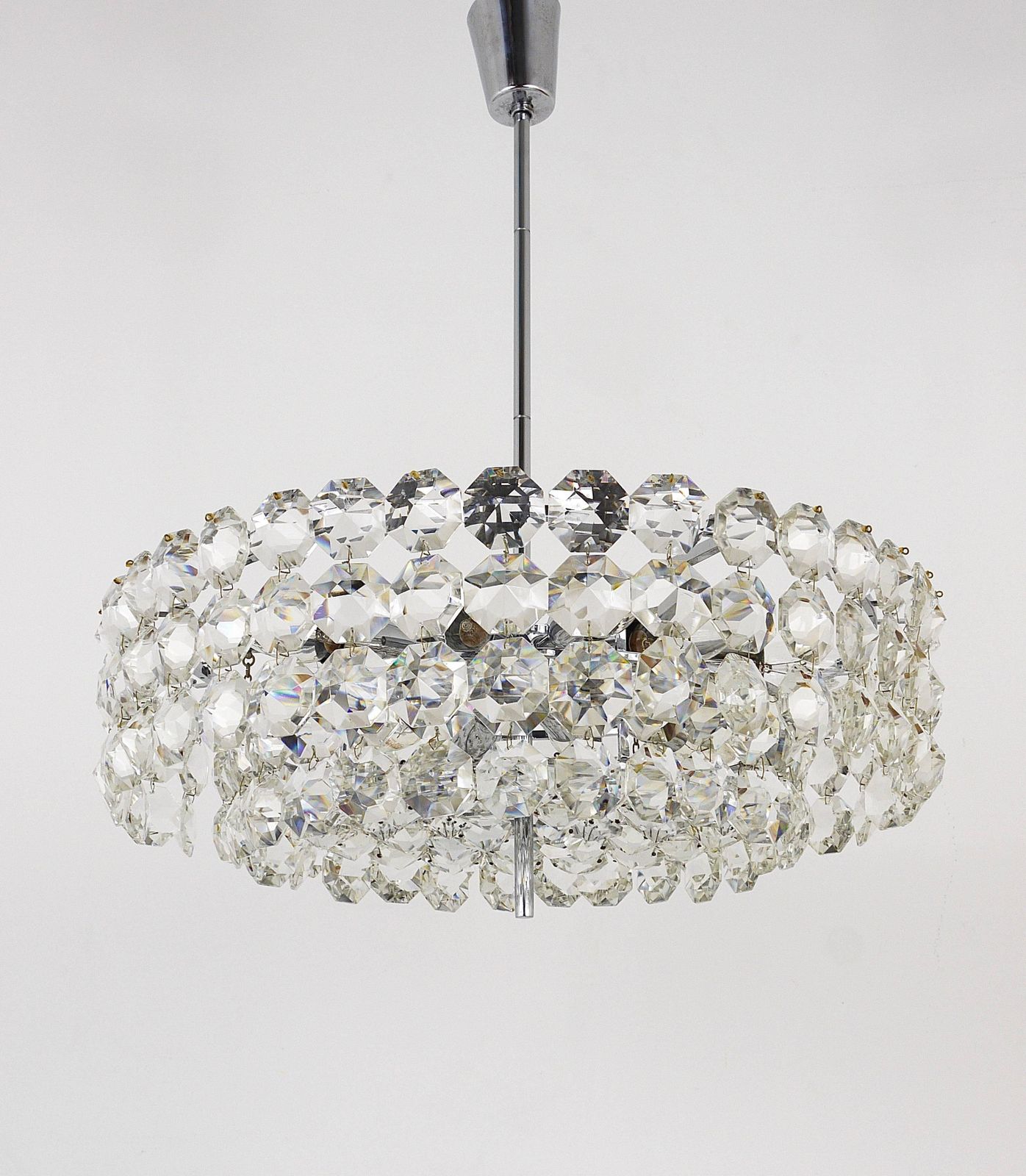 Large Bakalowits Nickel Brass Chandelier With Diamond Crystals, Austria, 1950 photo Lighting