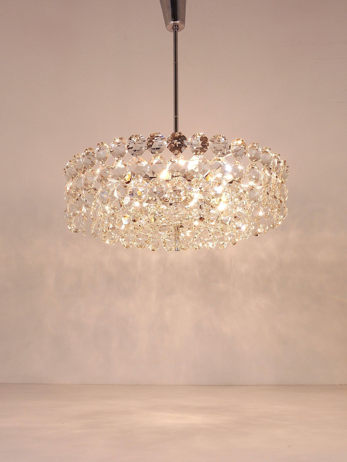 Large Bakalowits Nickel Brass Chandelier With Diamond Crystals, Austria, 1950 photo 3950.0