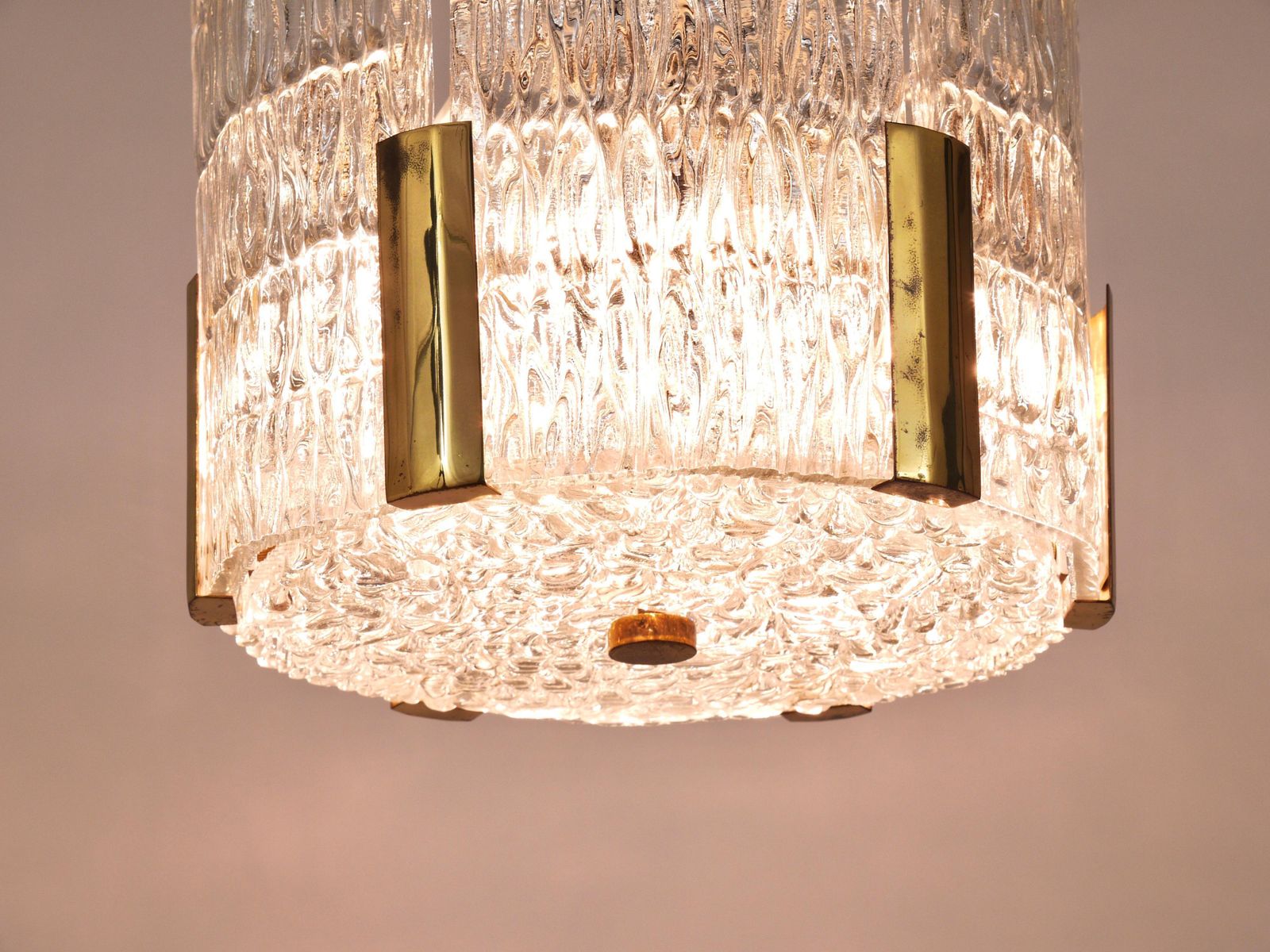 Kalmar Tambour Drum Chandelier, Brass, Textured Ice Glass, Austria, 1960s photo for sale