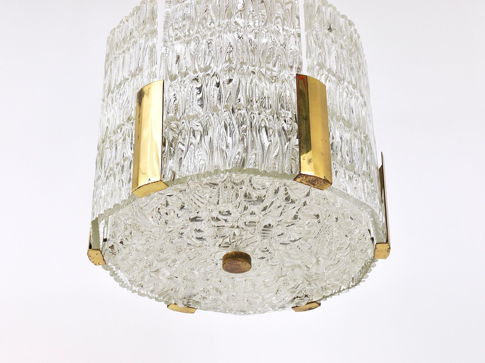 photo for sale Kalmar Tambour Drum Chandelier, Brass, Textured Ice Glass, Austria, 1960s