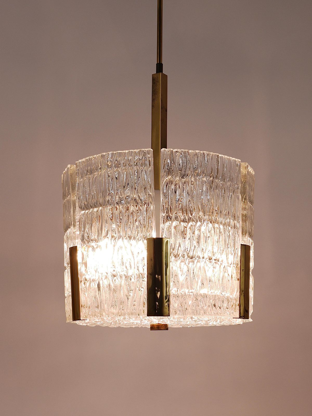 Lighting Kalmar Tambour Drum Chandelier, Brass, Textured Ice Glass, Austria, 1960s photo