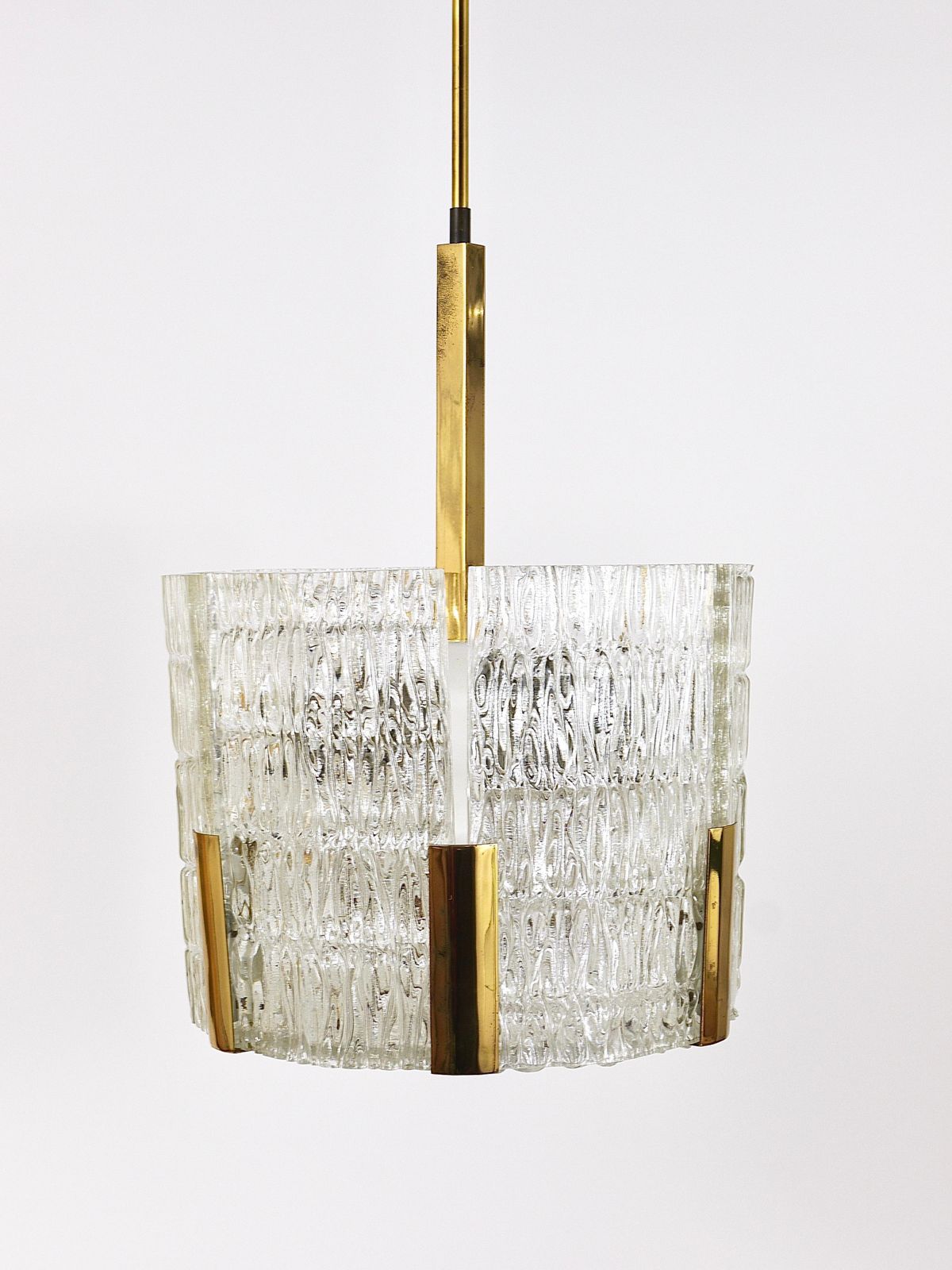 photo buy Kalmar Tambour Drum Chandelier, Brass, Textured Ice Glass, Austria, 1960s