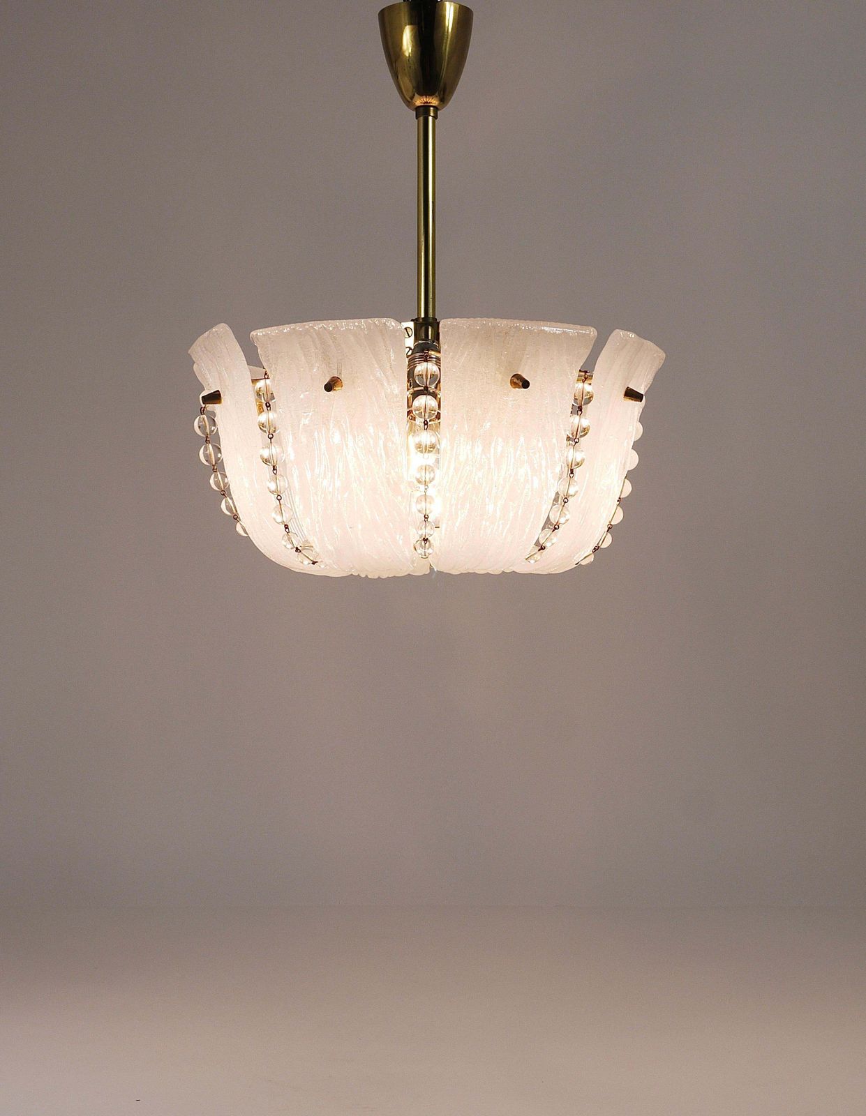 J.T. Kalmar Petite Curved Basket Chandelier, Brass & Glass, Austria, 1950s photo for sale