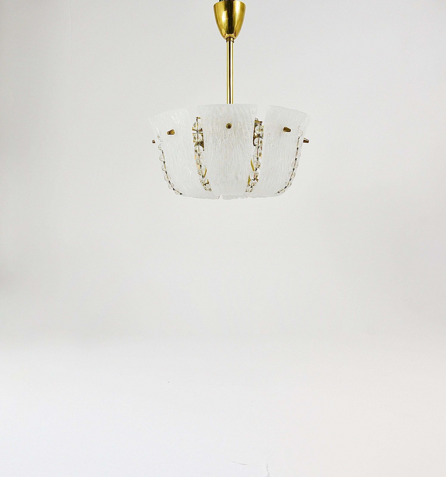 photo furniture J.T. Kalmar Petite Curved Basket Chandelier, Brass & Glass, Austria, 1950s
