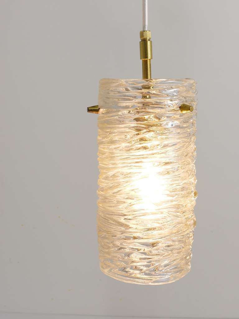 photo furniture J.T. Kalmar Mid Century Textured Glass Tube Brass Pendant Lamp, Austria, 1950s