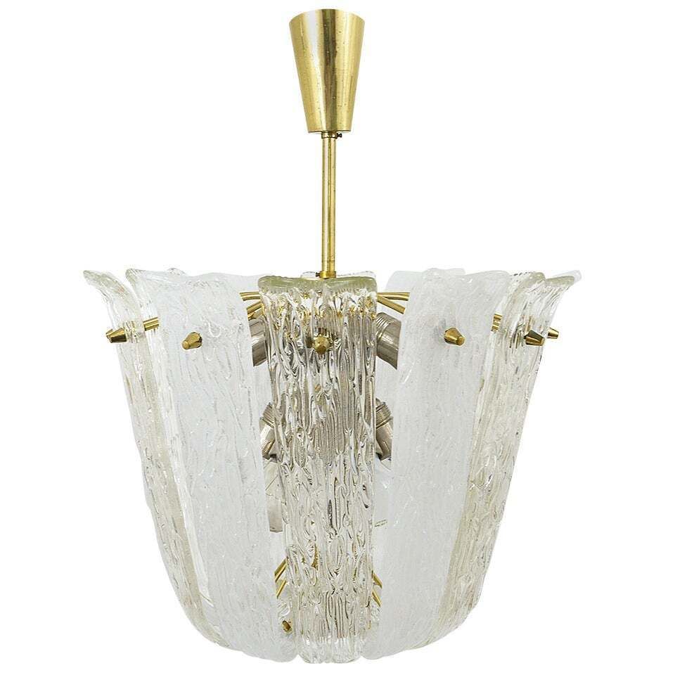J.T. Kalmar Brass & Textured Glass Mid Century Basket Chandelier, Austria, 1950s