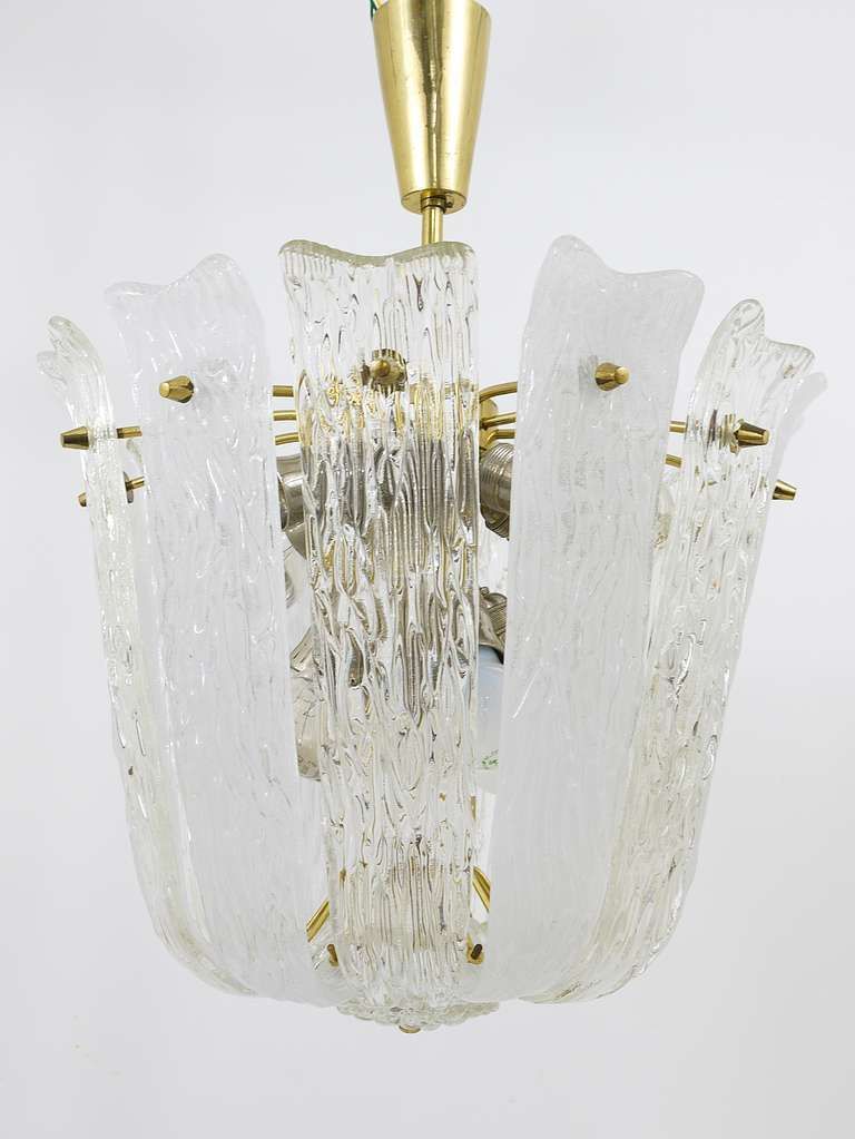 J.T. Kalmar Brass & Textured Glass Mid Century Basket Chandelier, Austria, 1950s photo vinterior
