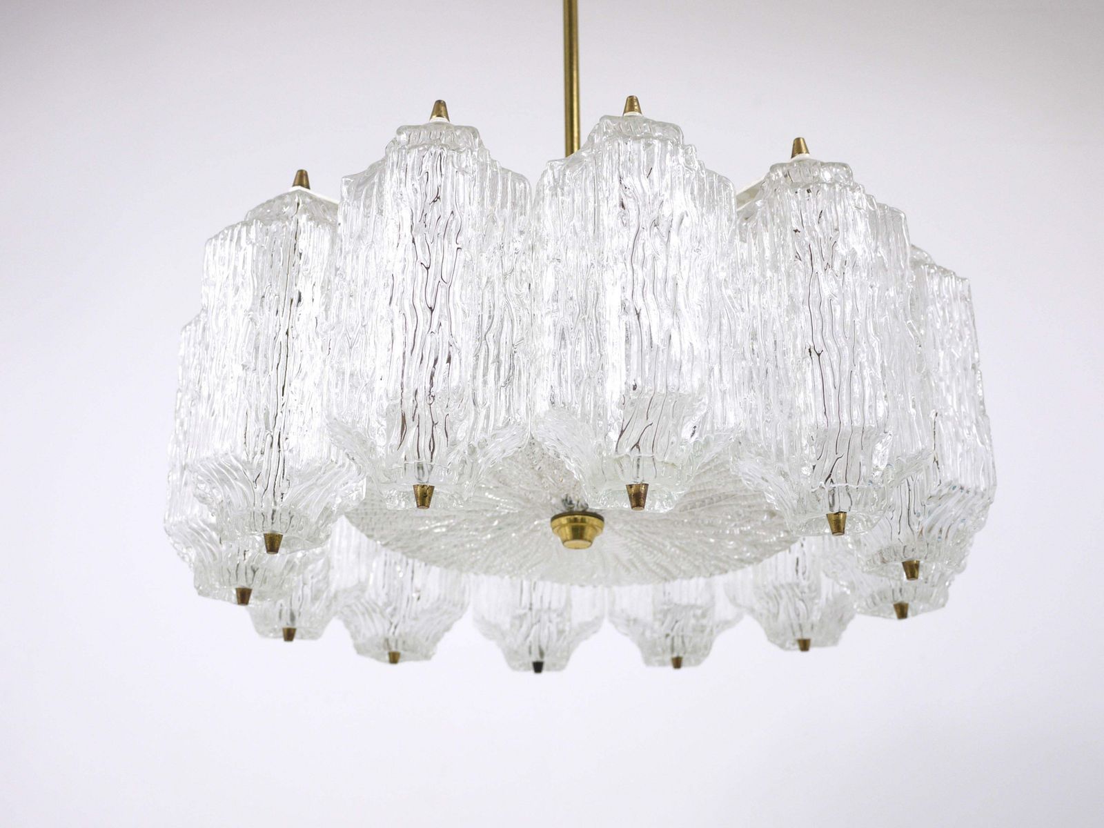 J.T. Kalmar Brass Chandelier With Textured Ice Glass, Austria, 1950s photo vinterior