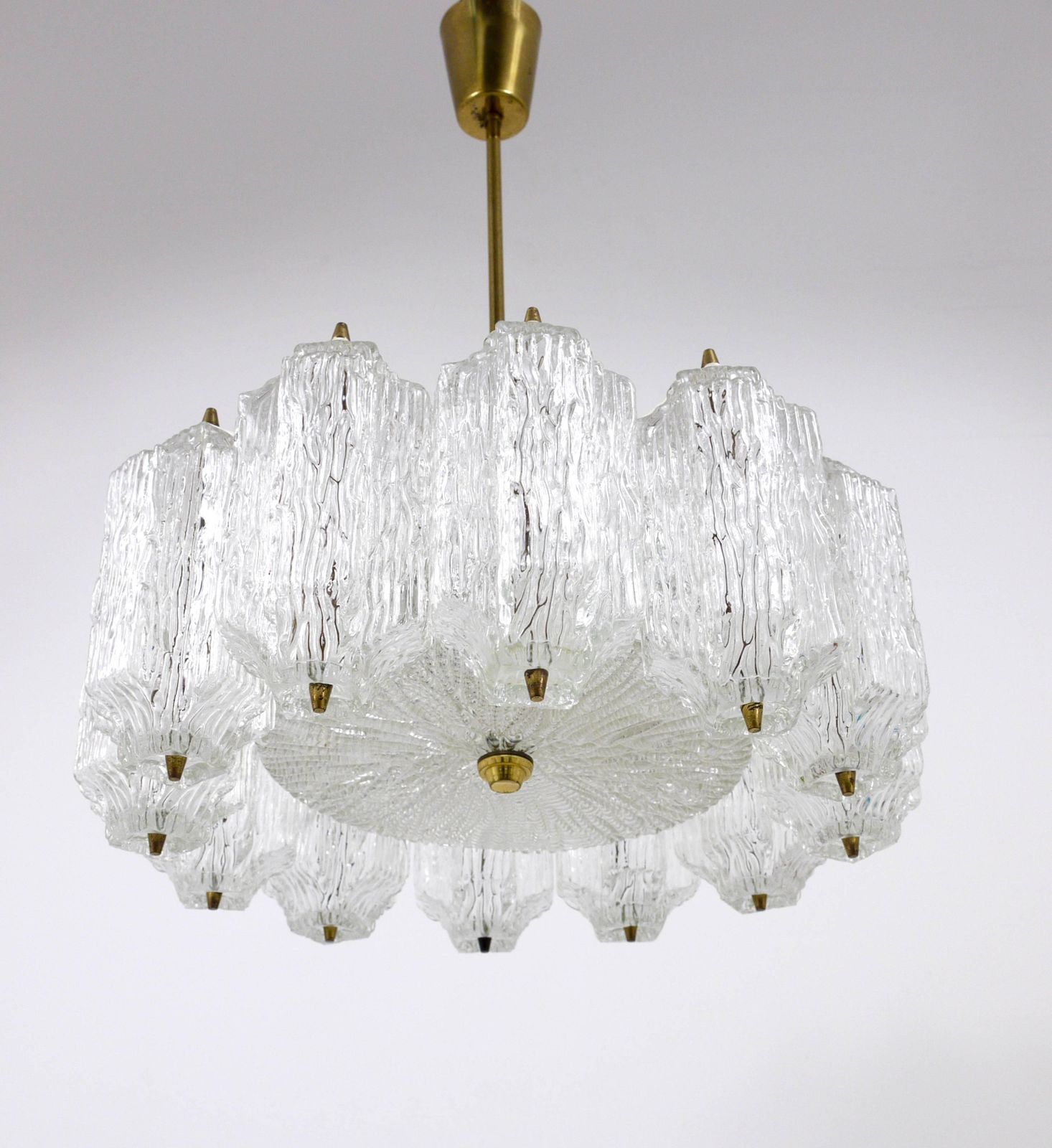 photo for sale J.T. Kalmar Brass Chandelier With Textured Ice Glass, Austria, 1950s