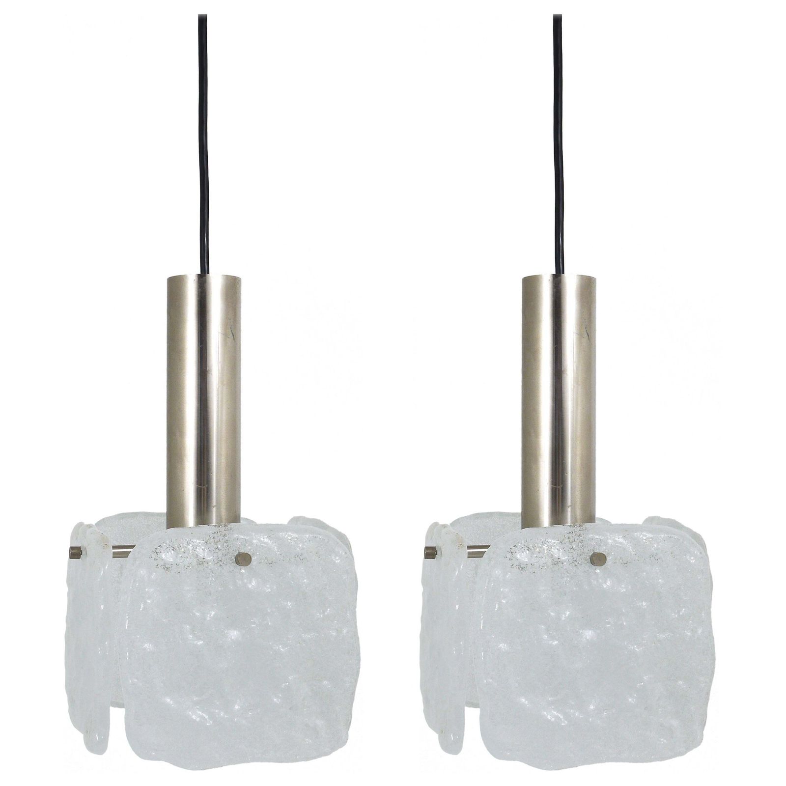 J.T. Kalmar 2x Frosted Ice Glass Panel Pendant Lamp, Austria, 1960s