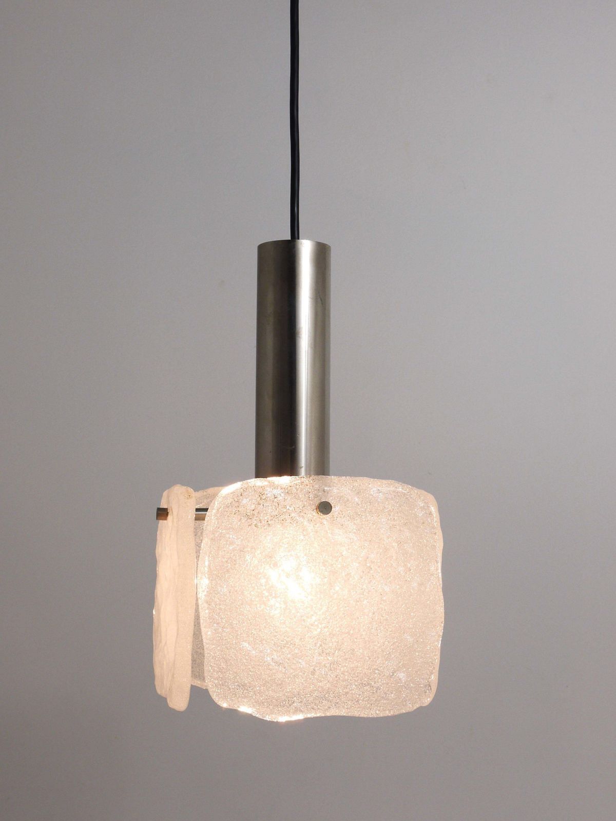 J.T. Kalmar 2x Frosted Ice Glass Panel Pendant Lamp, Austria, 1960s photo vintage