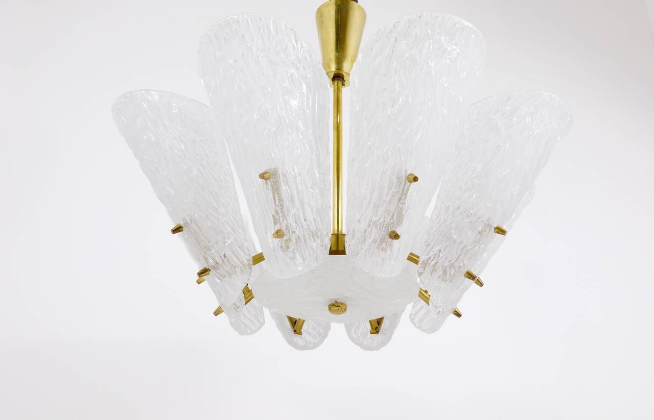 J. T. Kalmar Midcentury Brass Chandelier, White Textured Glass , 1950s photo Lighting