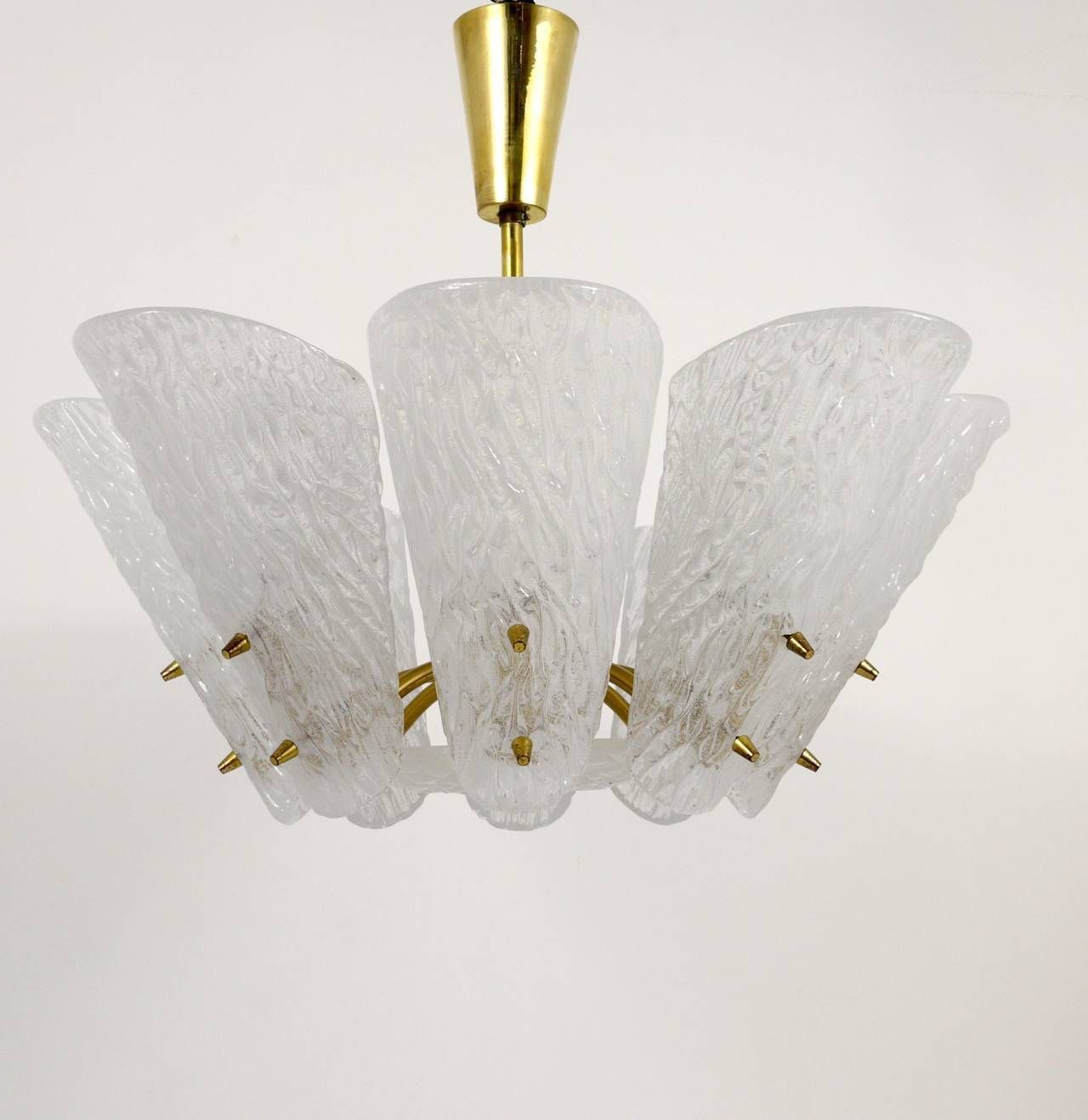 J. T. Kalmar Midcentury Brass Chandelier, White Textured Glass , 1950s photo buy