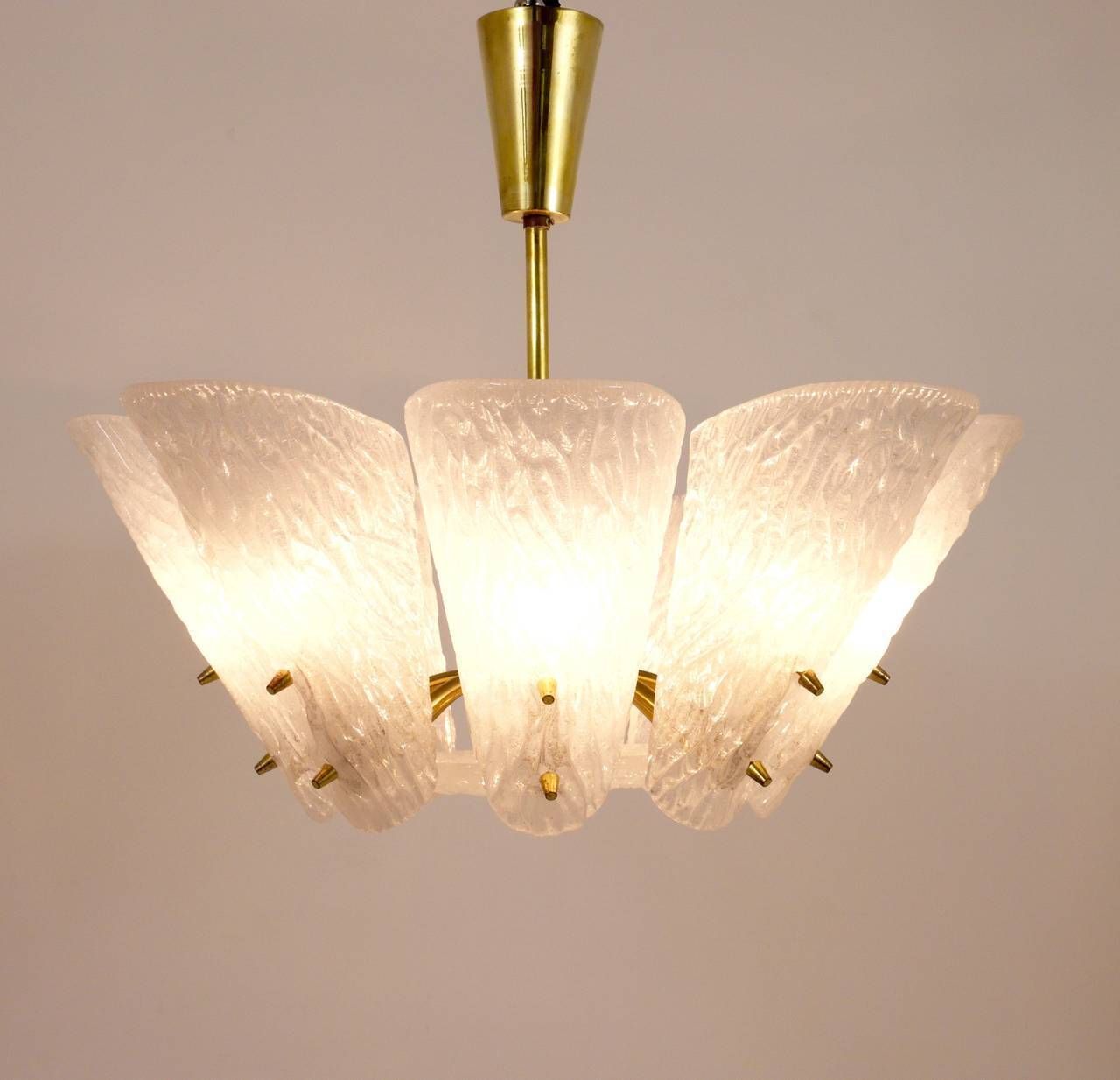 photo for sale J. T. Kalmar Midcentury Brass Chandelier, White Textured Glass , 1950s