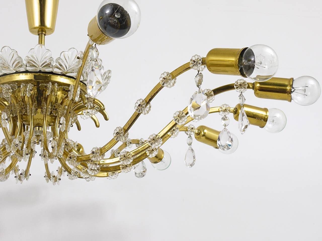 Huge Floral Lobmeyr Mid Century Brass Crystal Chandelier, 1950s, Austria photo vinterior