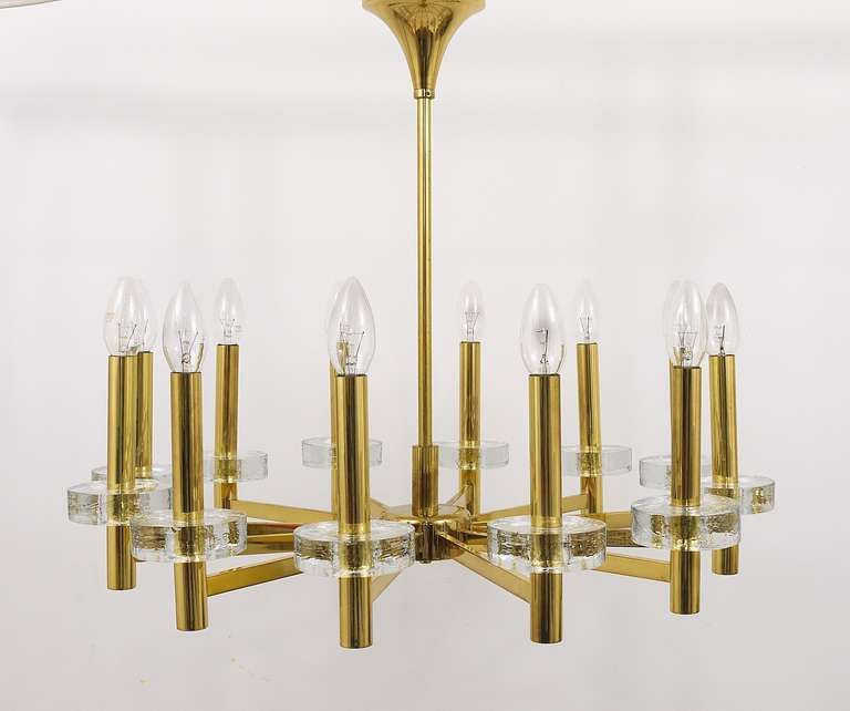 Gaetano Sciolari Style Brass & Glass Discs Chandelier, Mid Century, Italy, 1970s photo for sale