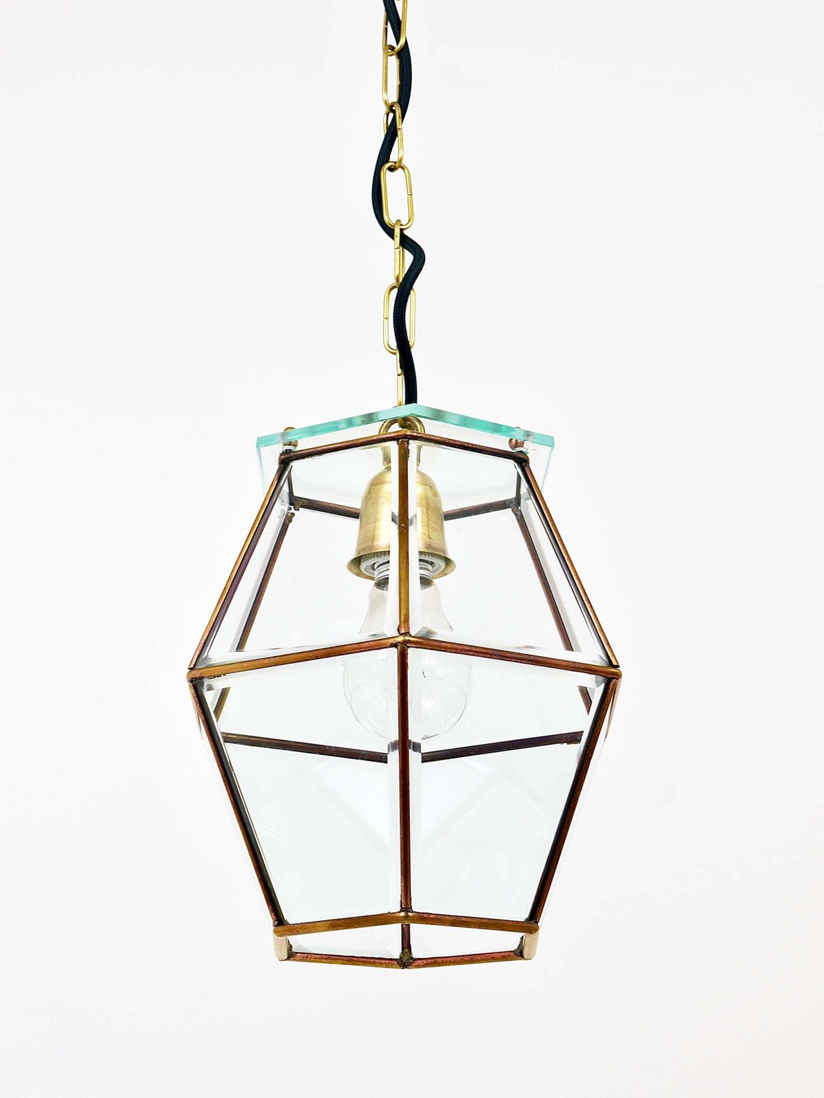 Fontana Arte Style Pendant Lamp Lantern, Brass & Facetted Glass, Italy, 1940s photo for sale