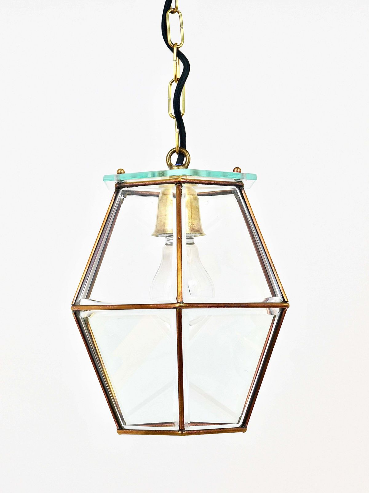 Fontana Arte Style Pendant Lamp Lantern, Brass & Facetted Glass, Italy, 1940s photo 2338.0