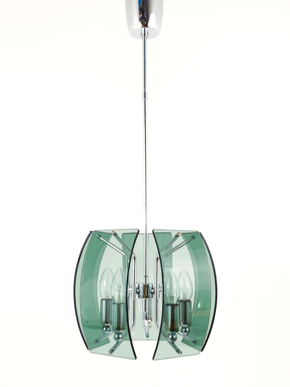 Fontana Arte Style Mid Century Glass & Chrome Chandelier, Italy, 1960s photo furniture
