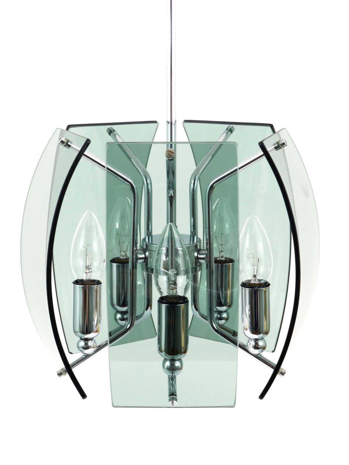 Fontana Arte Style Mid Century Glass & Chrome Chandelier, Italy, 1960s photo vinterior