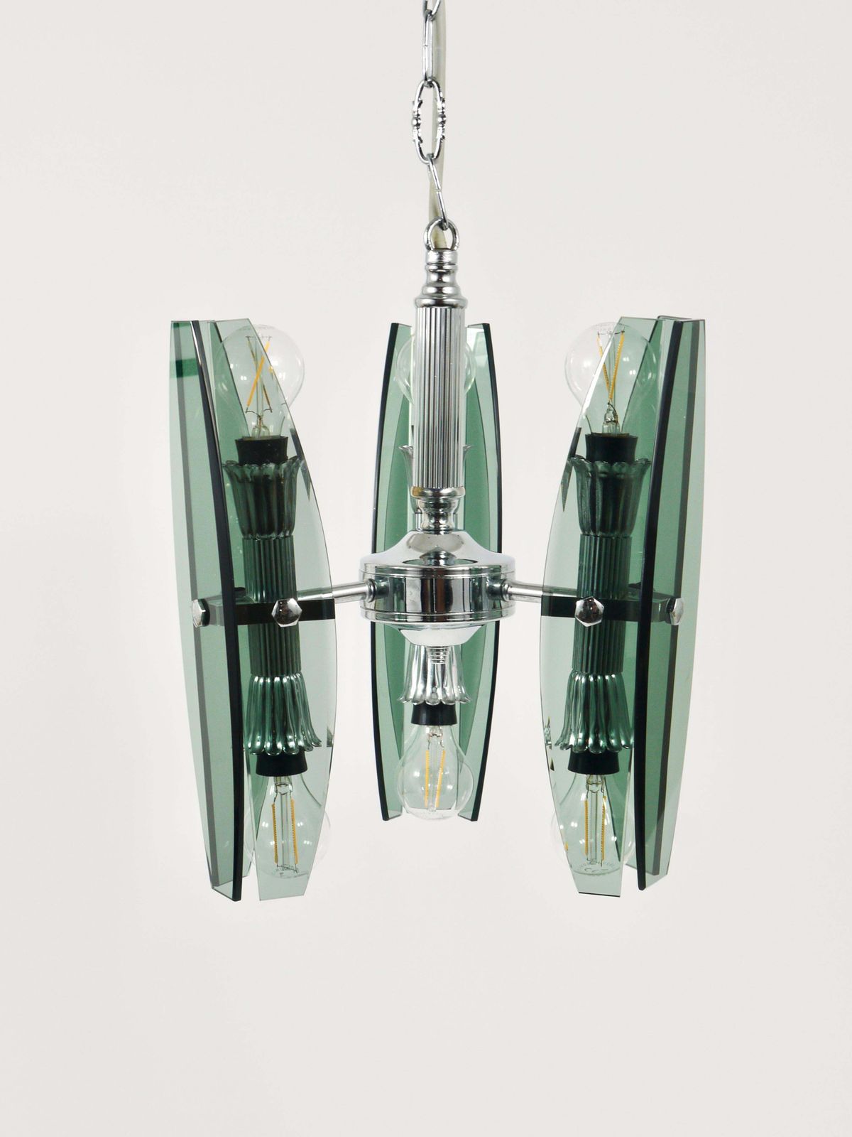 photo furniture Fontana Arte Style Glass & Chrome Chandelier Pendant Light By Veca Murano, Italy