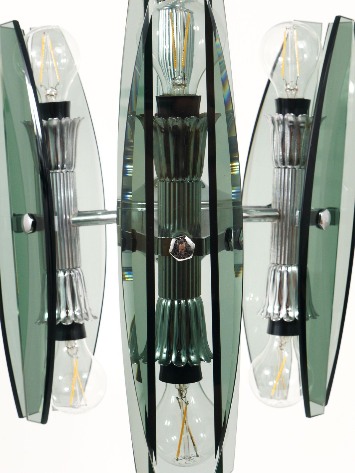 Lighting Fontana Arte Style Glass & Chrome Chandelier Pendant Light By Veca Murano, Italy photo