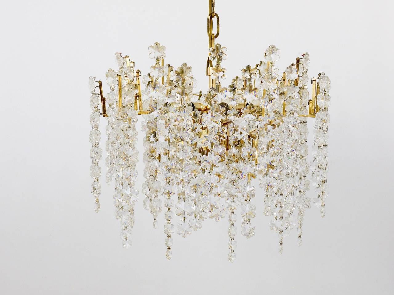 Bakalowits Vienna Gold Plated Snowflake Crystal Glass Brass Chandelier, 1970s photo Lighting
