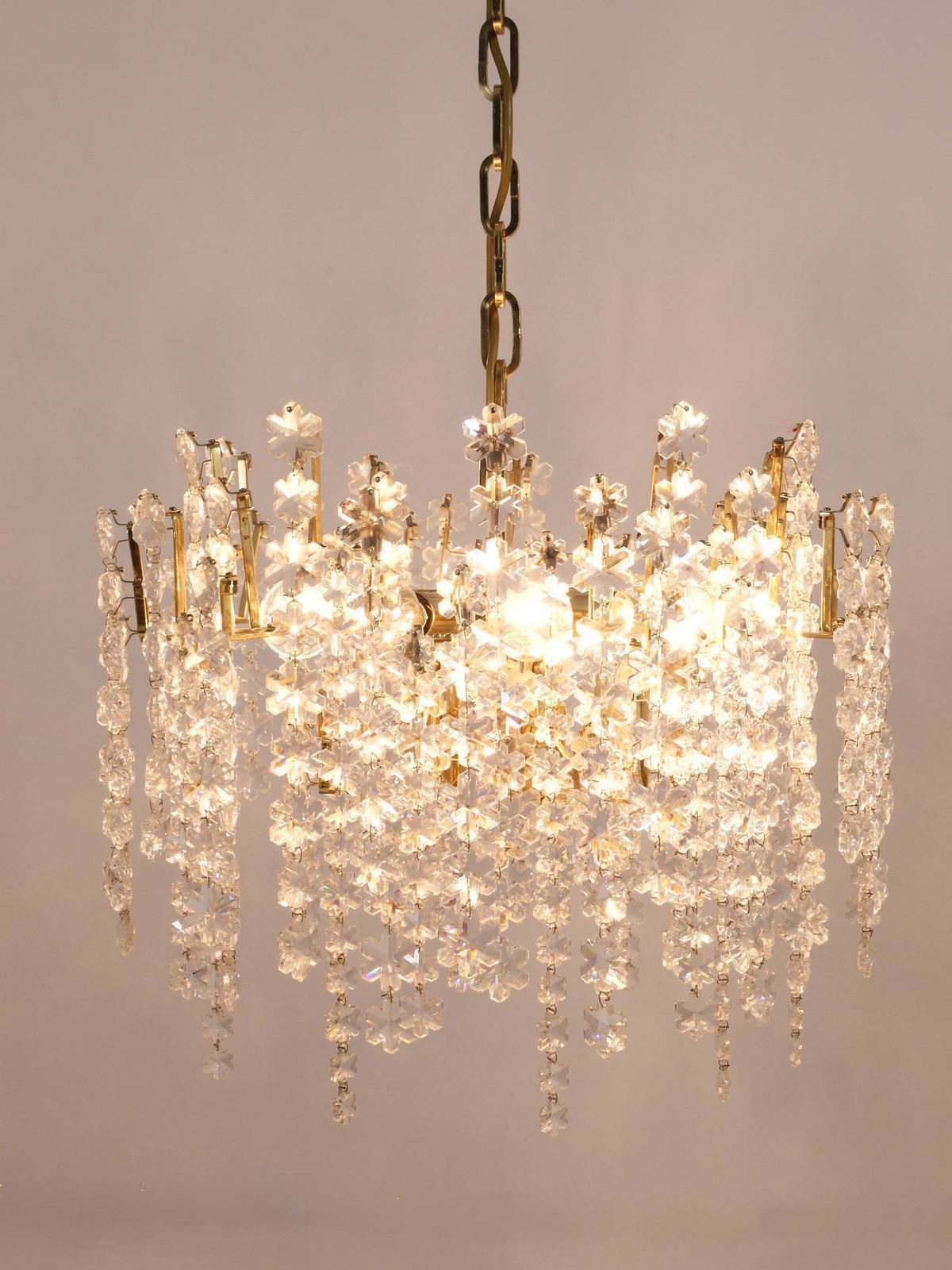 Bakalowits Vienna Gold Plated Snowflake Crystal Glass Brass Chandelier, 1970s photo vintage