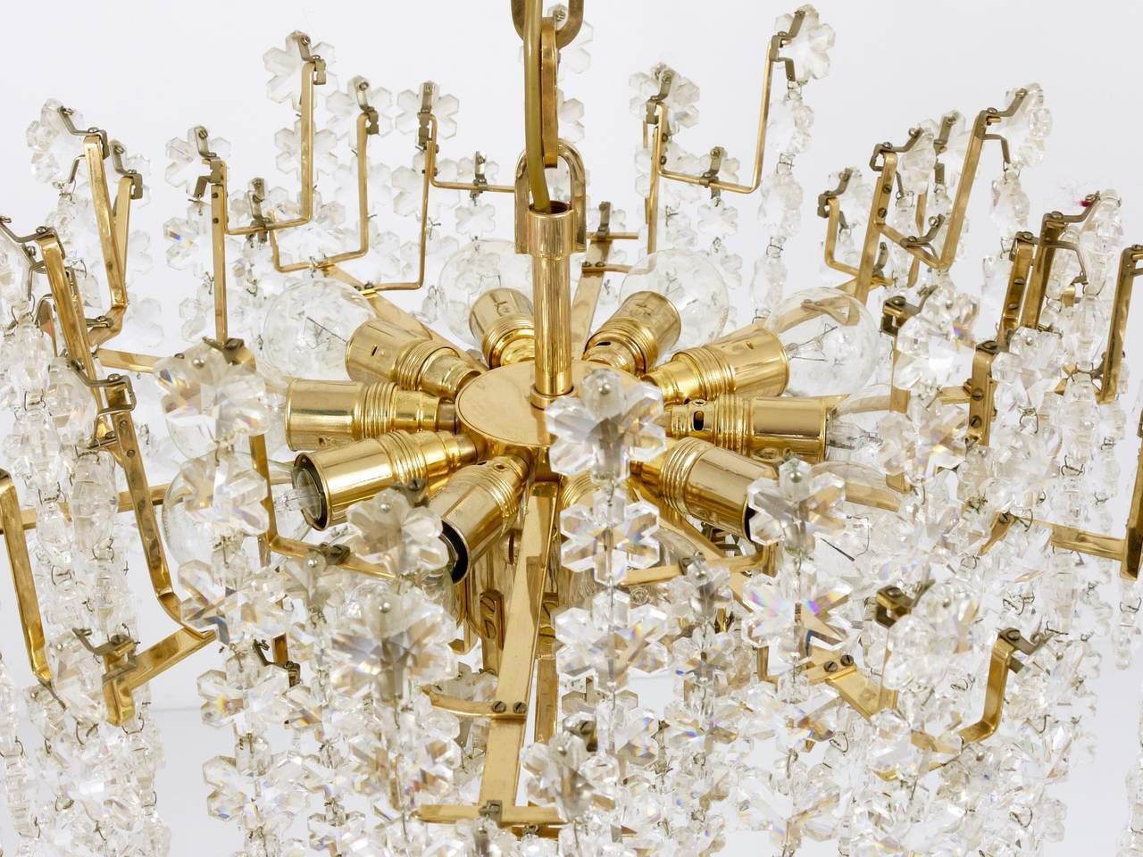 photo for sale Bakalowits Vienna Gold Plated Snowflake Crystal Glass Brass Chandelier, 1970s