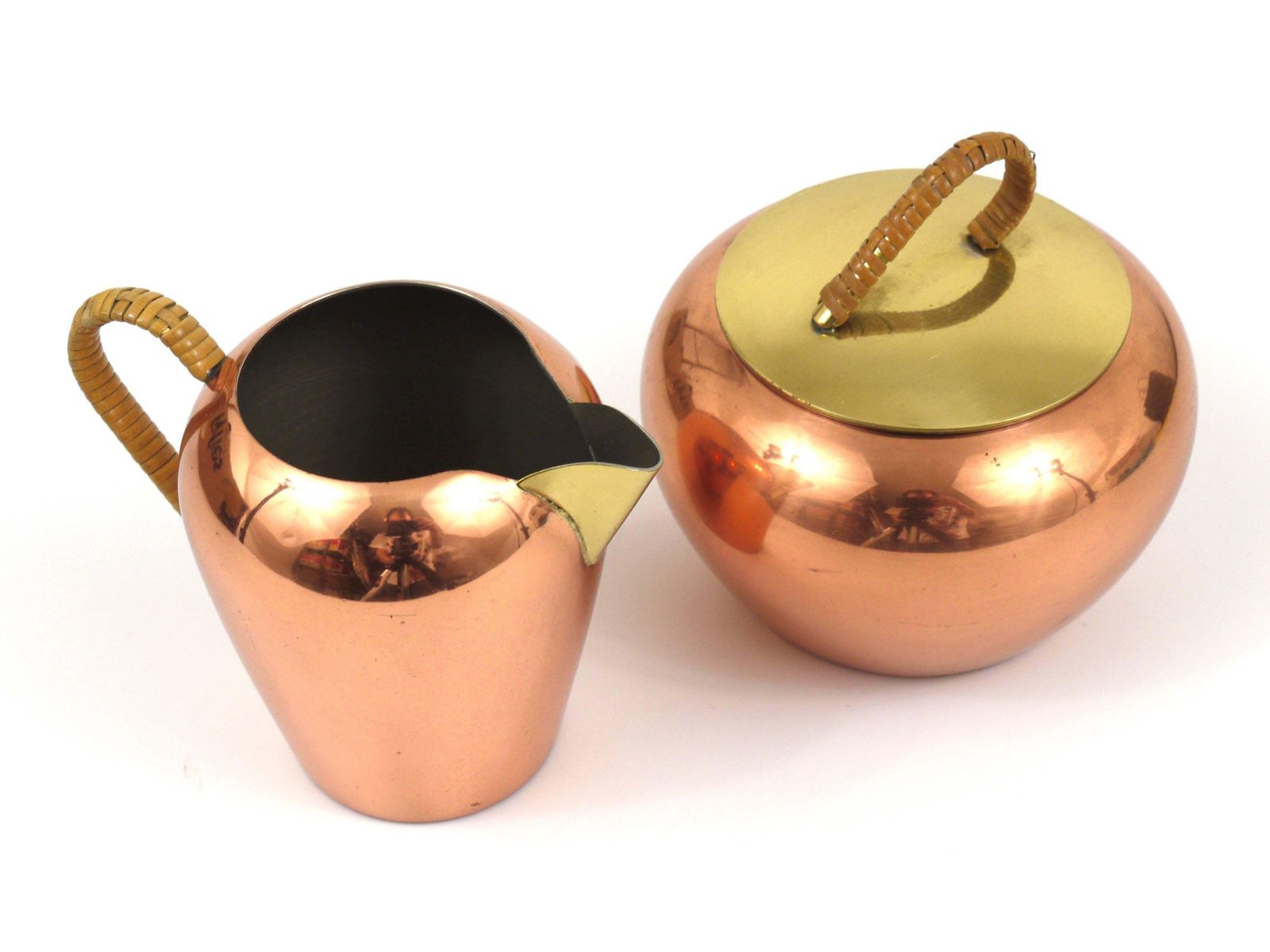 Mid Century Copper & Brass Milk Creamer And Sugar Bowl With Lid, Austria, 1950s photo 234.0