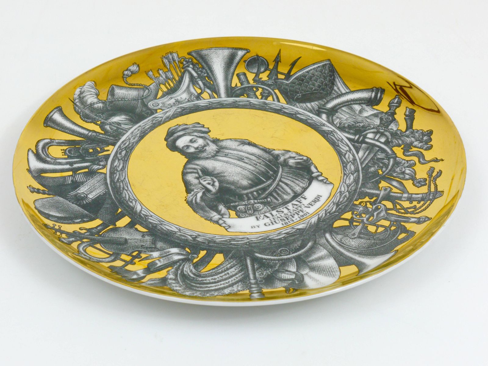 Piero Fornasetti Gilded Plate Falstaff By Guiseppe Verdi, Italy, 1970s photo Home Decor