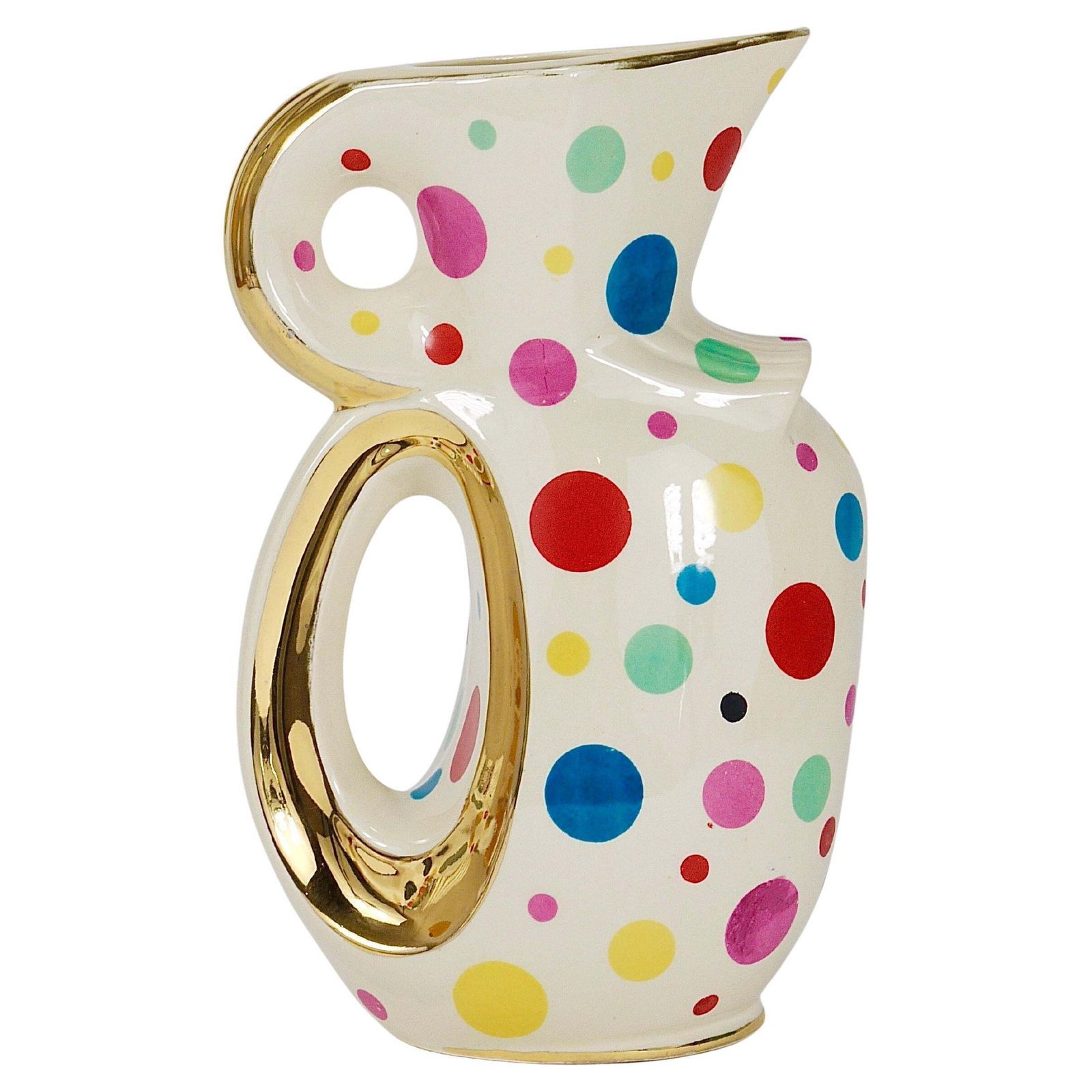 Boch Frères Gold & Polka Dot Decor Mid Century Pitcher / Jug, Belgium, 1950s