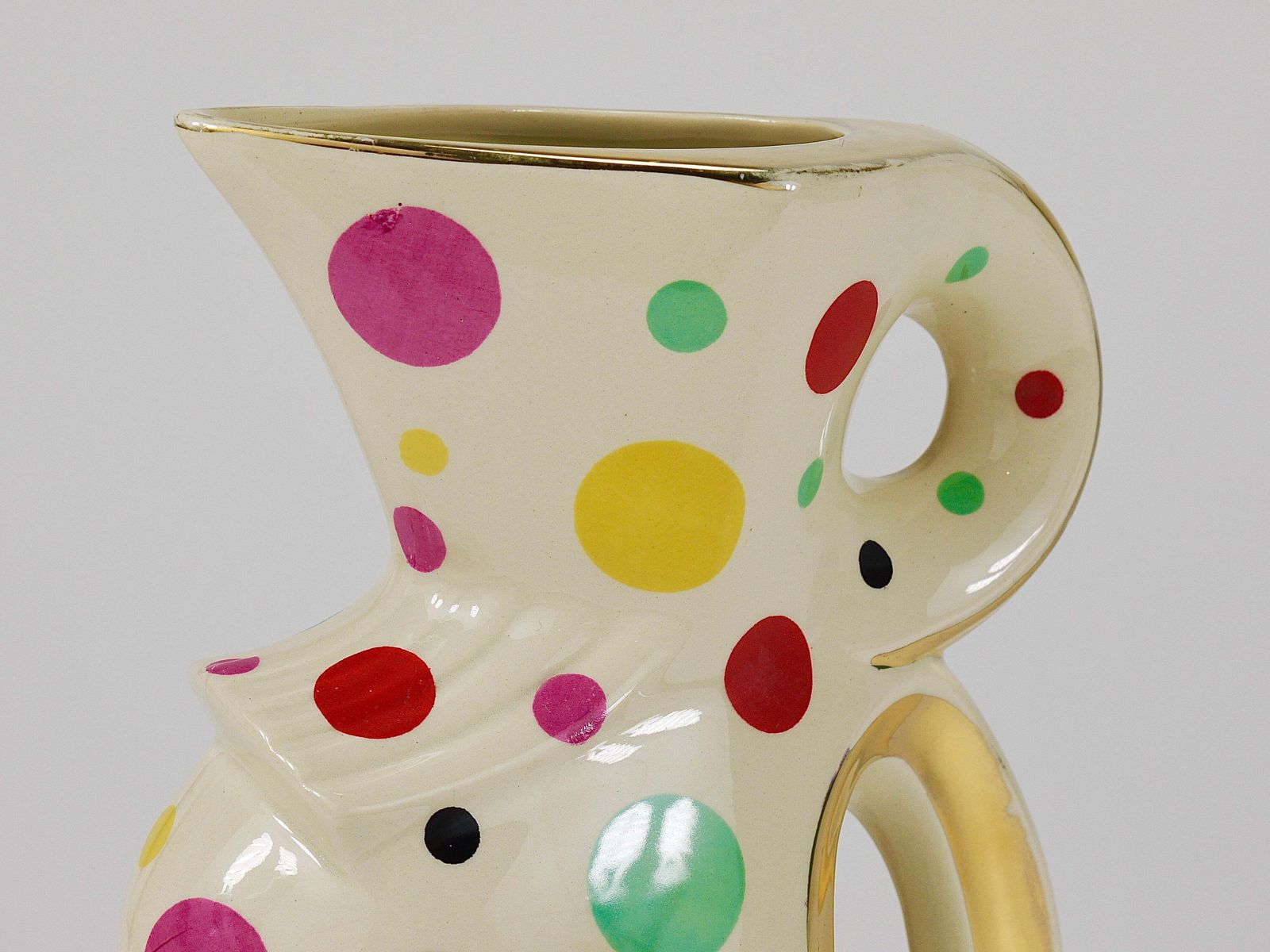 photo vintage Boch Frères Gold & Polka Dot Decor Mid Century Pitcher / Jug, Belgium, 1950s