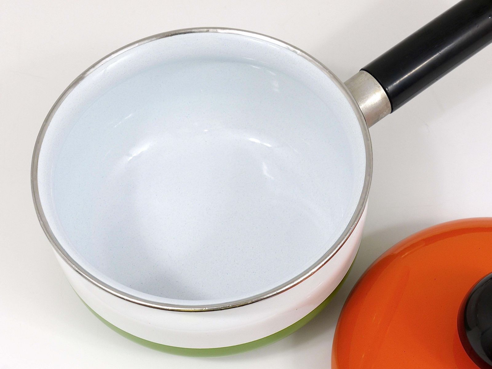 Carl Aubock Enameled Pot With Lid By Riess, Orange, White, Green, Austria, 1970s photo vintage
