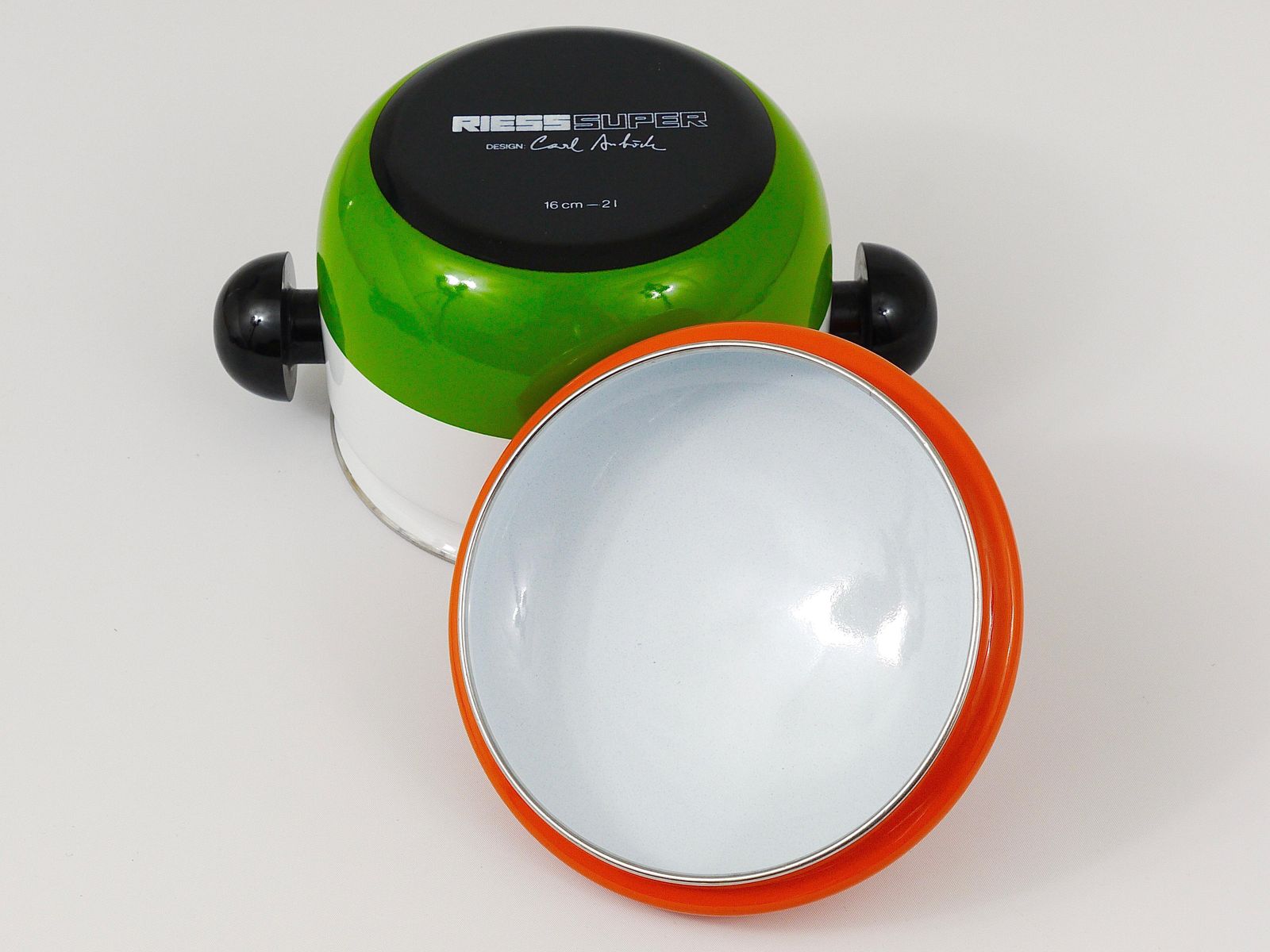 Carl Aubock Enameled Pot With Lid By Riess, Orange, White, Green, Austria, 1970s photo buy