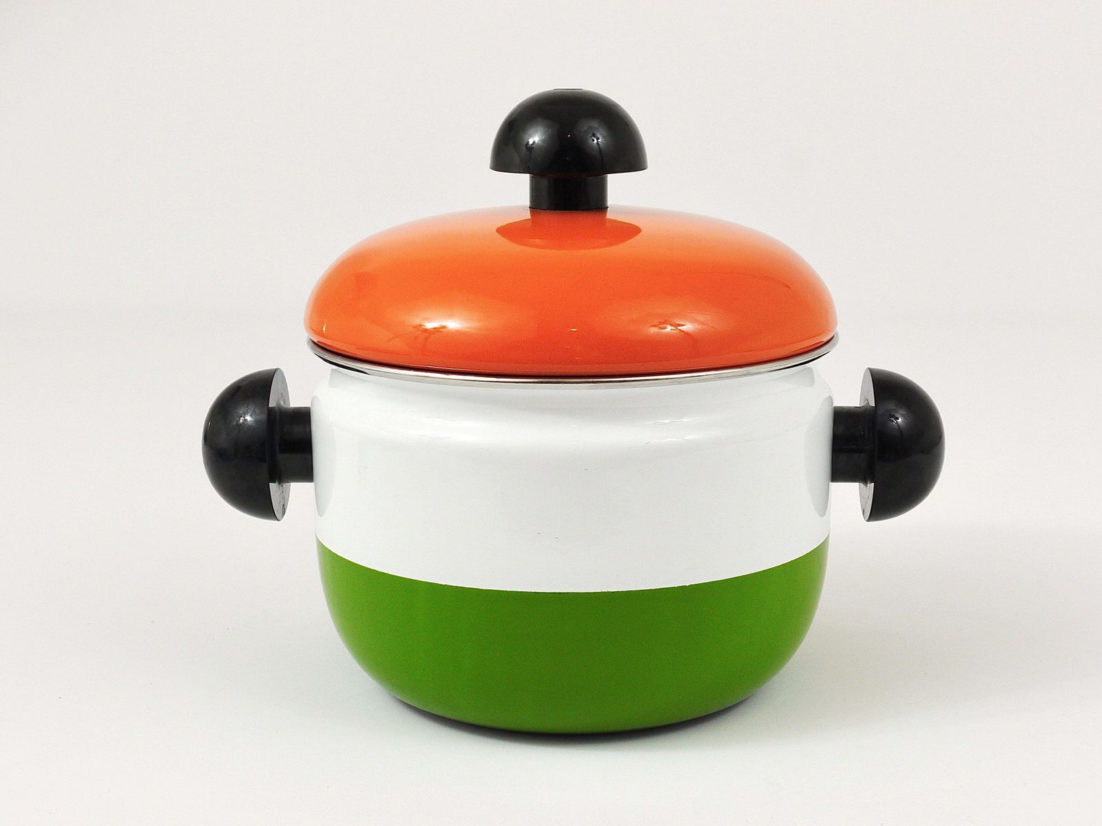 Carl Aubock Enameled Pot With Lid By Riess, Orange, White, Green, Austria, 1970s photo vintage