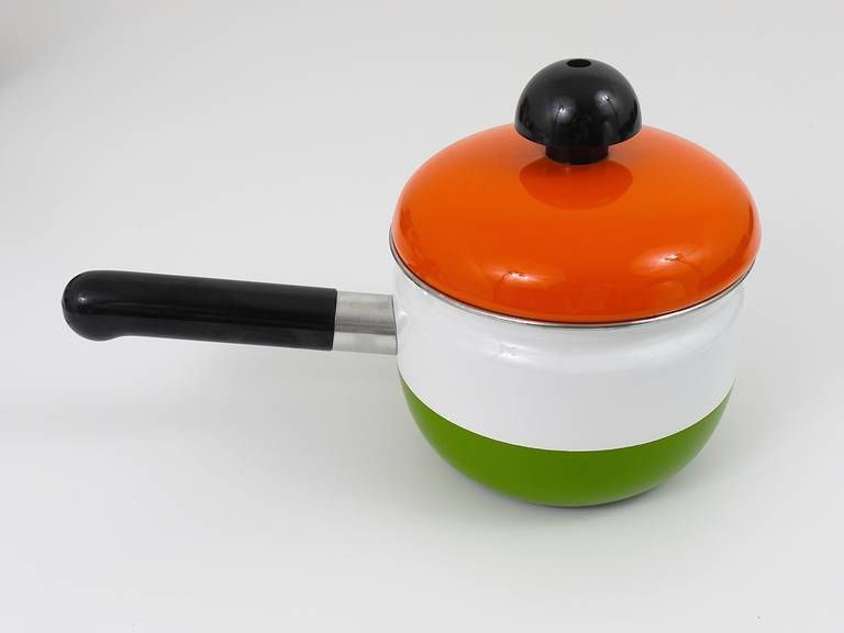 Carl Aubock Enameled Pot With Lid By Riess, Orange, White, Green, Austria, 1970s photo furniture
